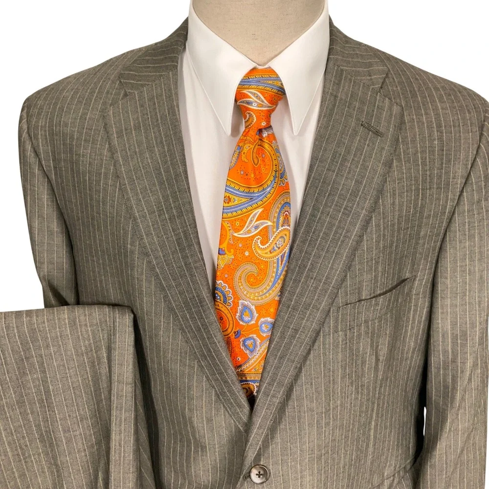 Tom James Suit Men 48R 40W Gray Pinstripe Bespoke Filo A Mano Holland Sherry